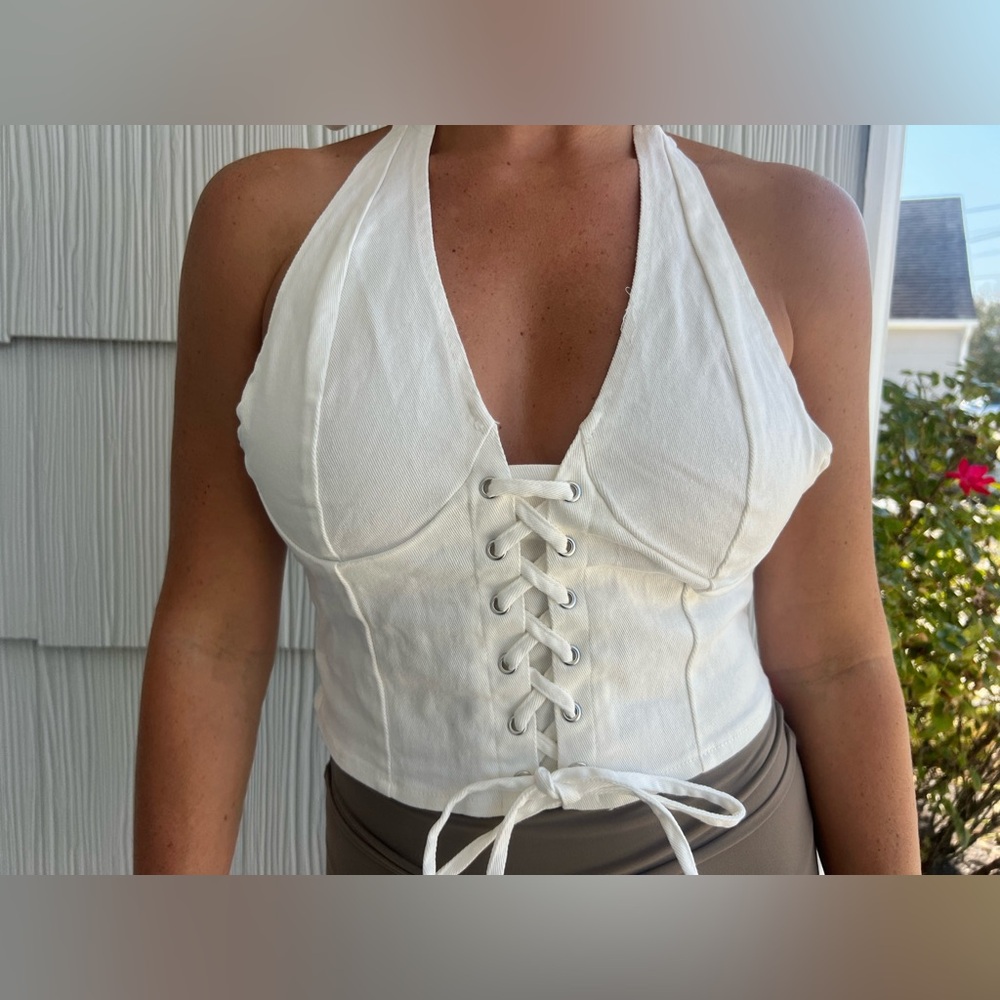 NWT - Alix Earle White Denim Halter